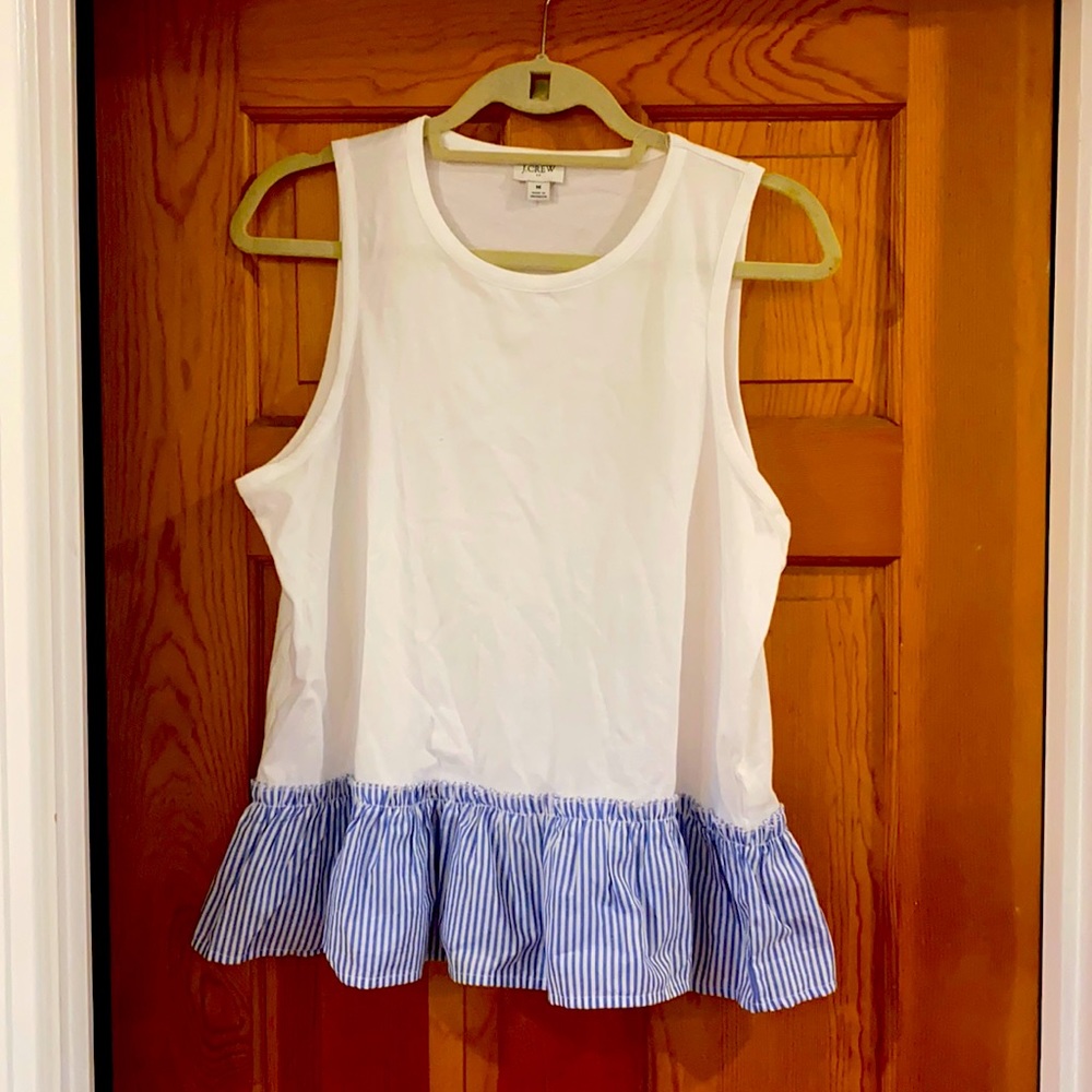 White tank with blue and white striped peplum detail